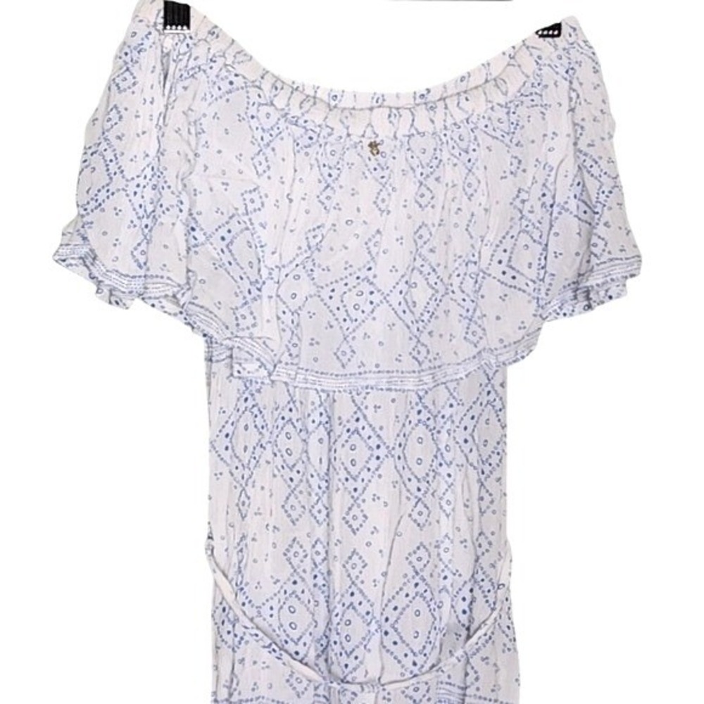 Beachgold Off‎ Shoulder Maxi Dress Blue White Ruffle Tie Waist Beach Resort XS